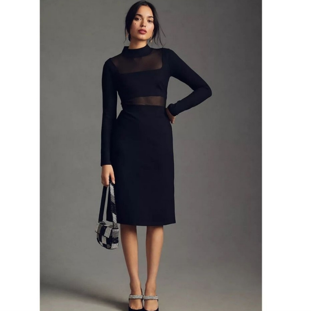 Anthropologie Maeve Sheer Black Mock Neck Long Sleeve Side-Slit Dress Size Small